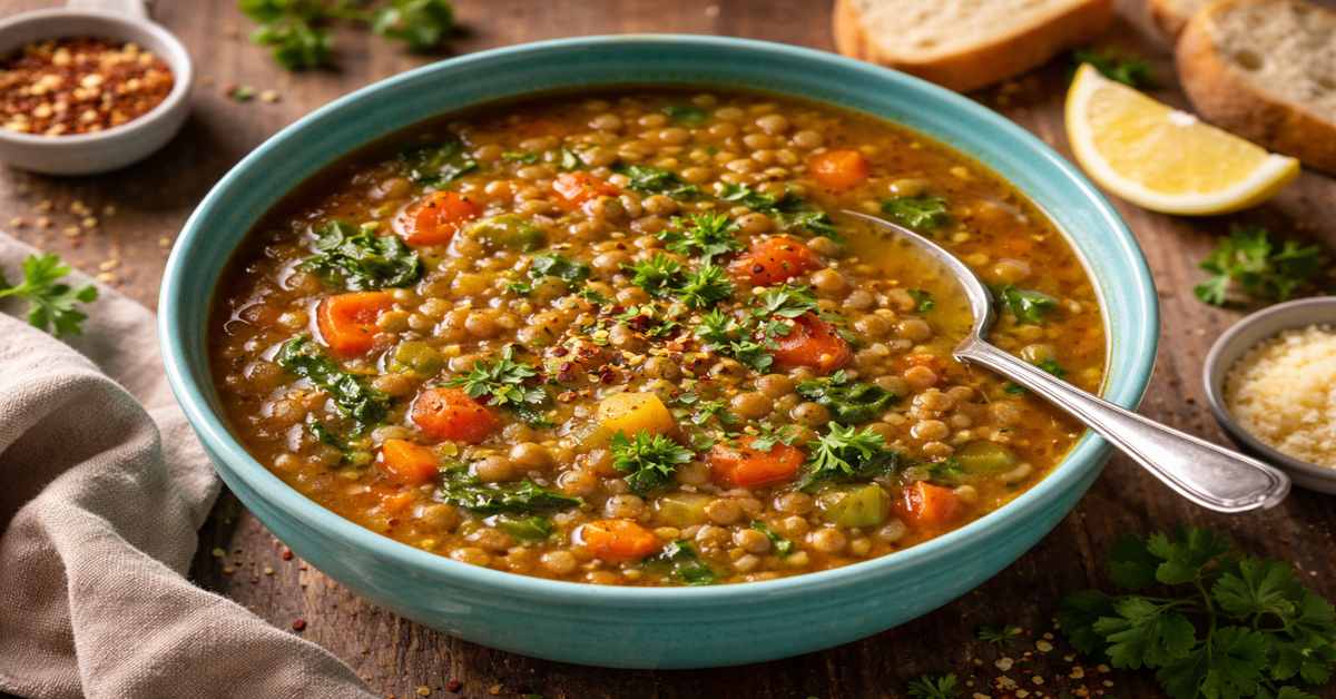 Healthy lentil soup with vegetables. Recipe is inexpensive and easy to follow.